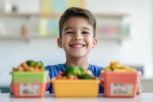 A cheerful boy smiles while presenting colorful bowls of fresh fruits and vegetables in a bright kitchen setting photo