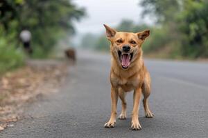 Aggressive rabid stray dog growling standing on the road photo