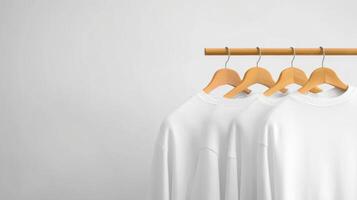 White sweatshirts hanging neatly on wooden hangers against a soft gray wall, showcasing minimalist fashion in a stylish setting photo