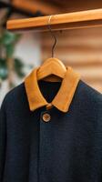 Stylish wool coat with a contrasted mustard collar hanging in a cozy boutique setting photo