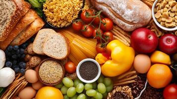 Colorful arrangement of fresh produce, baked goods, and grains on a wooden table creating a vibrant display of healthy foods photo