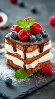 Delicious layered dessert with fresh berries and chocolate drizzle served on a black slate plate photo