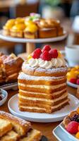 Delicious layered cake topped with raspberries and cream surrounded by an assortment of desserts in a cozy cafesetting photo
