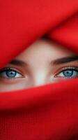 A close-up view of mesmerizing blue eyes partially covered with a vibrant red scarf in a serene indoor setting photo