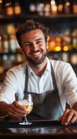 A smiling bartender serves a refreshing drink at a lively bar filled with colorful bottles in the evening photo
