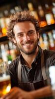 Smiling bartender serves drinks at a lively bar, showcasing a warm atmosphere and friendly service in the evening photo