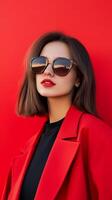 A woman with a modern hairstyle poses confidently against a vibrant red background, wearing stylish sunglasses and a bold red jacket photo
