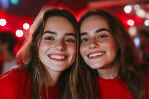 Two smiling young women in red sweaters enjoying their time at a vibrant party filled with colorful lights during the evening photo