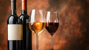 Elegant display of red and white wines alongside glasses on a rustic wooden surface, perfect for an evening gathering or celebration photo