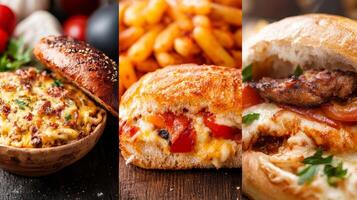 Delicious dishes featuring baked pasta, grilled chicken sandwich, and savory bread with roasted vegetables on a wooden table photo
