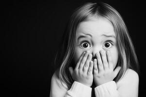 A young girl with wide eyes covering her face, expressing surprise or fear in a dramatic black and white setting photo