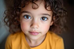 Young child with curly hair wearing a yellow shirt, gazing thoughtfully at the camera in a warm indoor setting photo