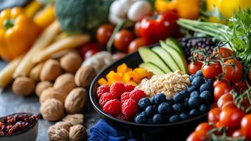 A vibrant assortment of fresh fruits and vegetables arranged on a dark surface in a bright kitchen setting photo