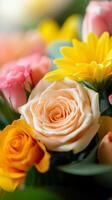 A vibrant bouquet featuring pink and yellow flowers with delicate roses arranged beautifully in a soft light setting photo