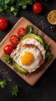 Delicious avocado toast topped with fried eggs and cherry tomatoes garnished with fresh herbs on a wooden board photo