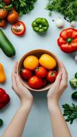 Freshly harvested vegetables in a bowl surrounded by colorful produce on a light background photo