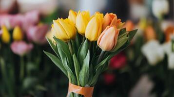 A vibrant bouquet of yellow and peach tulips at a flower shop in spring ready for purchase and gifting photo