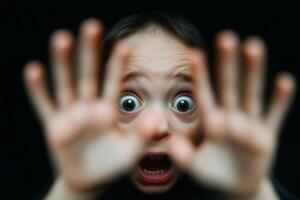 A young child expresses fear and surprise with wide eyes and outstretched hands against a black background photo