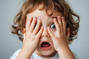 A young child covering their face in surprise while expressing strong emotions, captured indoors with a simple background photo