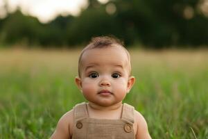 A curious baby sitting in a grassy field during golden hour, showcasing wide eyes and a gentle expression photo