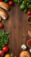 Fresh ingredients arranged on a wooden table with herbs, tomatoes, and bread for a rustic cooking composition photo