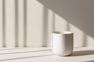 A minimalist white ceramic mug on a light surface with soft shadows highlighting its curves in natural light photo