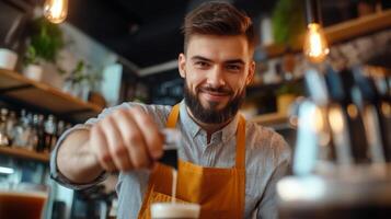 Barista pouring coffee with a smile in a cozy cafe setting, showcasing skills and passion for brewing in a vibrant atmosphere photo