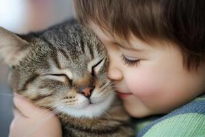 A child gently embraces a content cat, showcasing a tender moment of affection indoors photo