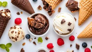 Delicious assortment of ice cream cones and bowls topped with fresh berries and chocolate pieces on a white background photo