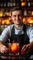 Friendly bartender smiling while serving a cocktail at a dimly lit bar during a lively evening photo