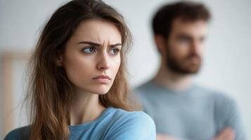 The woman stands with an expression of concern and frustration, while the man appears distant in the background, signaling a communication breakdown between them. photo