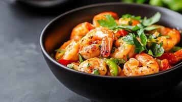 Delicious shrimp stir-fry with colorful vegetables and fresh herbs served in a deep black bowl on a dark surface photo