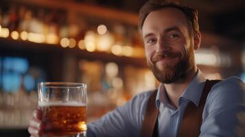 A smiling bartender enjoying a large glass of beer in a cozy bar during the evening photo