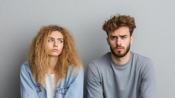 Couple sitting with expressions of disagreement while facing forward against a neutral gray background photo