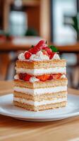 Delicious layer cake with fresh strawberries and whipped cream on a wooden table in a cozy cafe setting photo