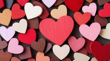 Various colorful wooden hearts scattered on a dark surface, perfect for expressing love and affection in arts and crafts projects photo