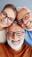 Joyful family gathering with three smiling individuals sharing a warm moment together in a cozy indoor setting photo