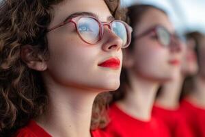 Young woman with curly hair and red lipstick gazes upward, attending an event with a group in matching red shirts photo