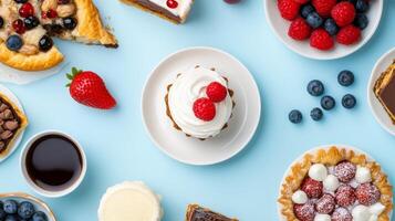 Delicious assortment of desserts featuring fruits and cream on a light blue background with a variety of pastries and cakes photo