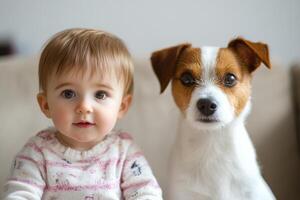 A baby and a small dog sit together on a couch, sharing a moment of companionship in a cozy indoor setting photo