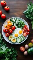 Fresh vegetables and eggs arranged beautifully on a plate with tomatoes, cucumbers, and avocados in natural light photo