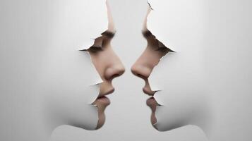 Two faces emerging from torn paper, symbolizing connection and intimacy in a minimalistic artistic representation photo