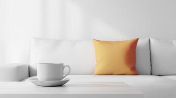 A cozy living room corner featuring a white sofa, a yellow cushion, and a cup of coffee on a table in a sunlit space photo