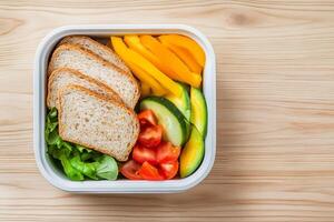 Fresh vegetable and whole grain sandwich ingredients arranged in a lunchbox on a wooden table photo