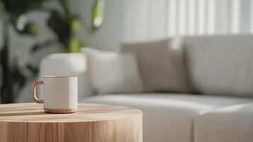 A cozy living room with a warm cup of coffee on a wooden table beside a comfortable sofa in soft afternoon light photo