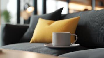 A cozy living room corner featuring a white coffee cup on a saucer beside a decorative yellow pillow in a modern setting photo