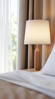 Cozy bedroom corner with a wooden lamp and soft white bedding in a sunlit setting, creating a peaceful atmosphere photo