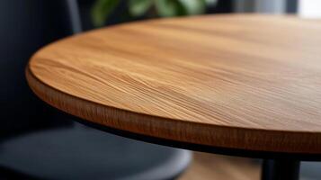 Close-up view of a round wooden table showcasing natural grain patterns in a modern indoor setting photo