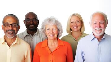 Group of diverse adults smiling together in a bright studio setting photo
