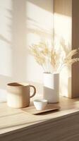 Natural light highlights a minimalist arrangement of a wooden cup, a small dish, and a vase with dried flowers on a wooden surface photo